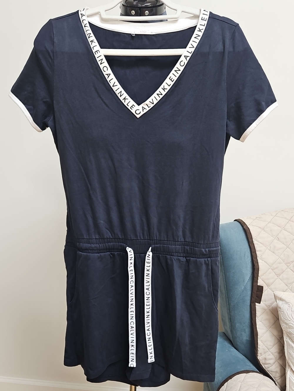 $10 Or 3/$15 Calvin Klein Navy Short-Sleeve V-Neck Romper with White Logo Trim